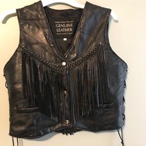 Black leather fringed vest